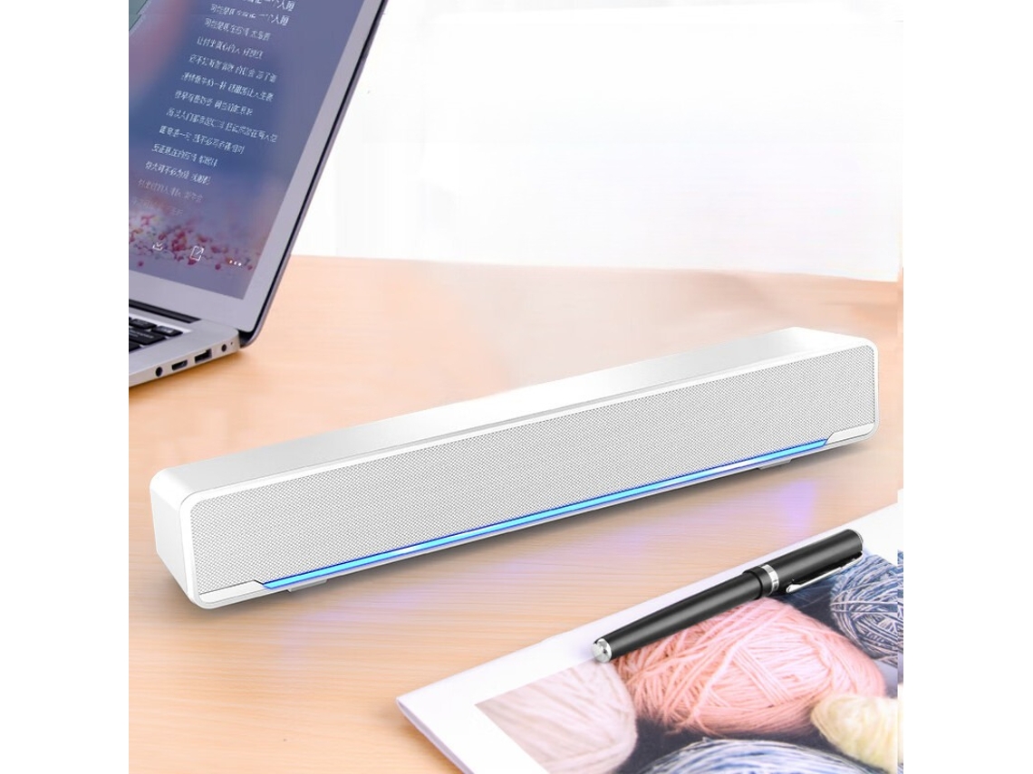 Soundbar HEXINYIGJLY com Graves Usb 3.5mm Altifalante estéreo com luz Led, para computador e portátil branco