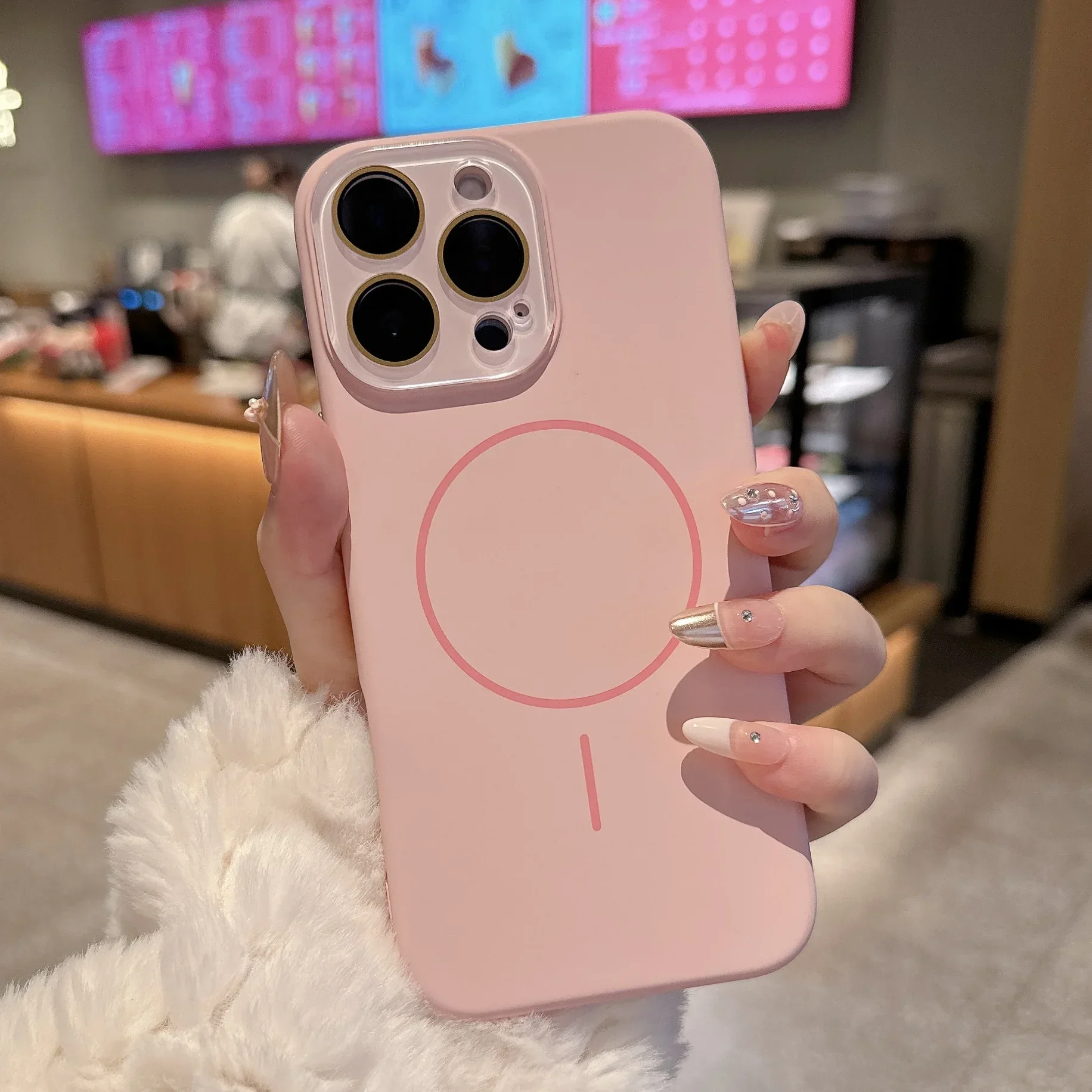(iphone 14 Rosa) Capa Protetora Magnética Para Carregamento Sem Fio, Feita De Silicone Líquido.