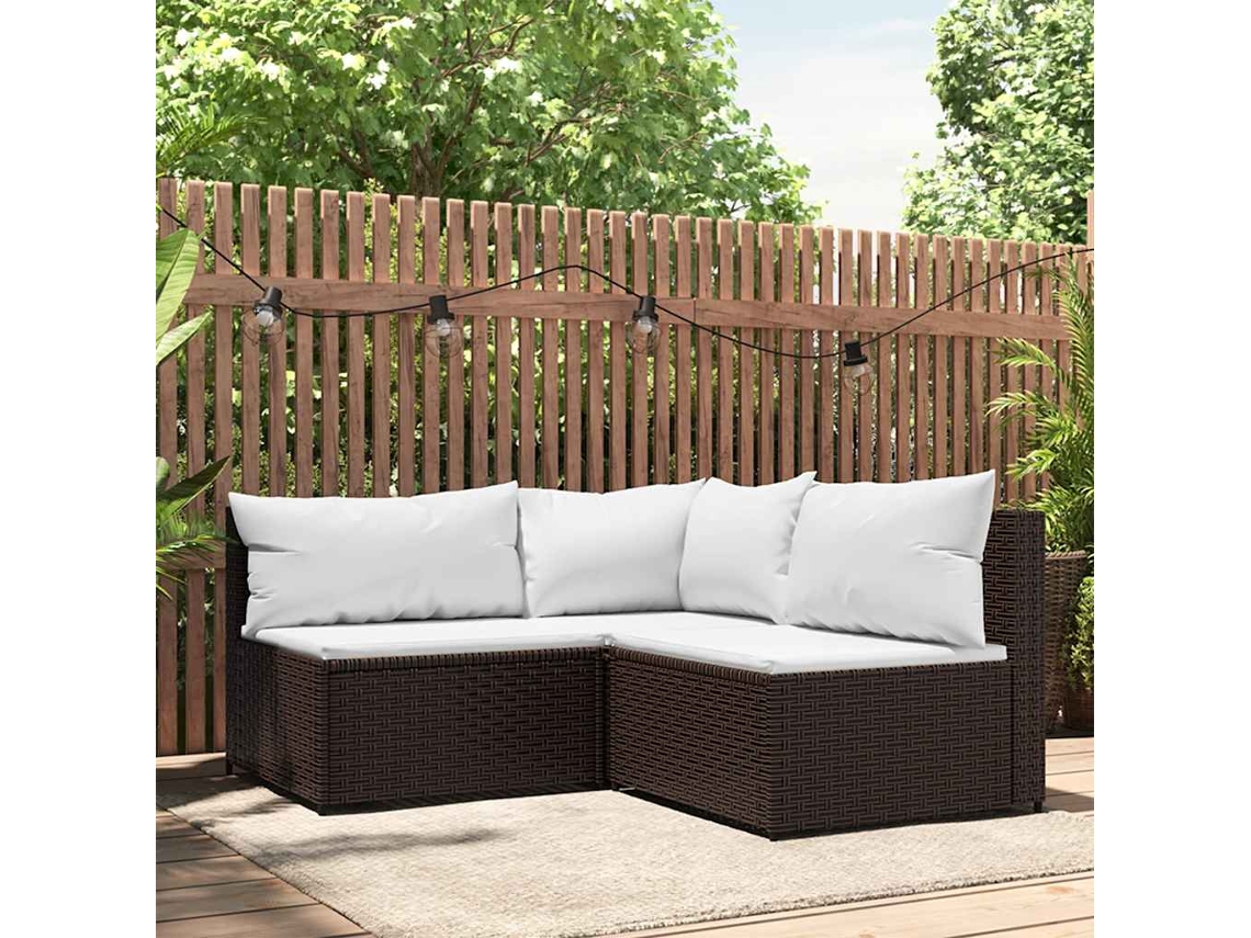 Vidaxl 3 Pcs Conjunto Lounge Jardim C/ Almofadões Vime Pe Castanho