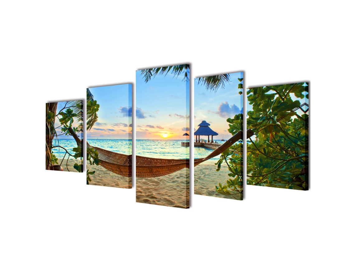 Políptico Impressão Praia De Areia Com Cama De Rede 100 X 50 Cm