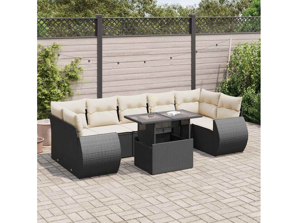 Vidaxl 8 Pcs Conjunto Sofás De Jardim Com Almofadões Vime Pe Preto