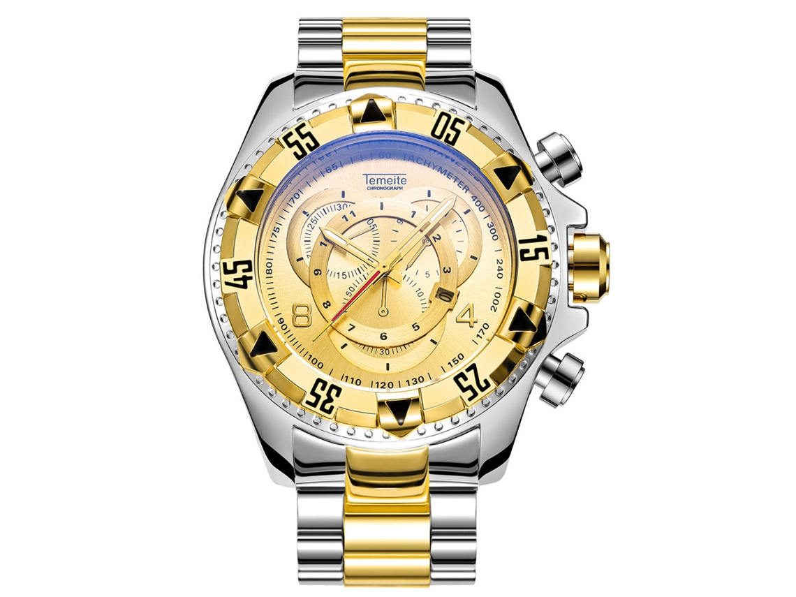 Relógio Masculino Temeite Aço Quartzo Resistente À Água Iluminado Fashion Ouro