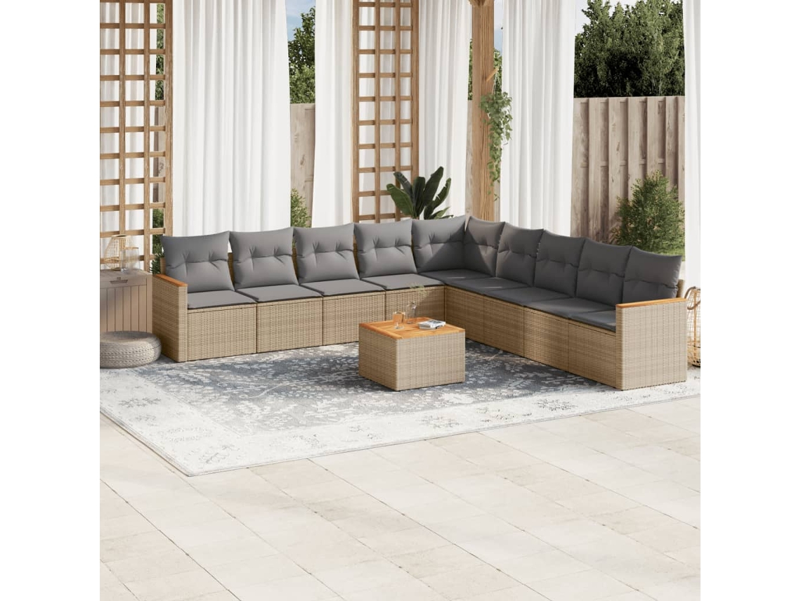 10 Pcs Conjunto De Sofás P/ Jardim Com Almofadões Vime Pe Bege Dkd Home Decor