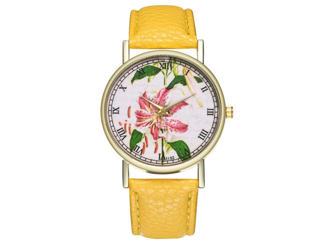 Relógio unissex analógico de quartzo com pulseira floral em PU, estilo fashion (amarelo)