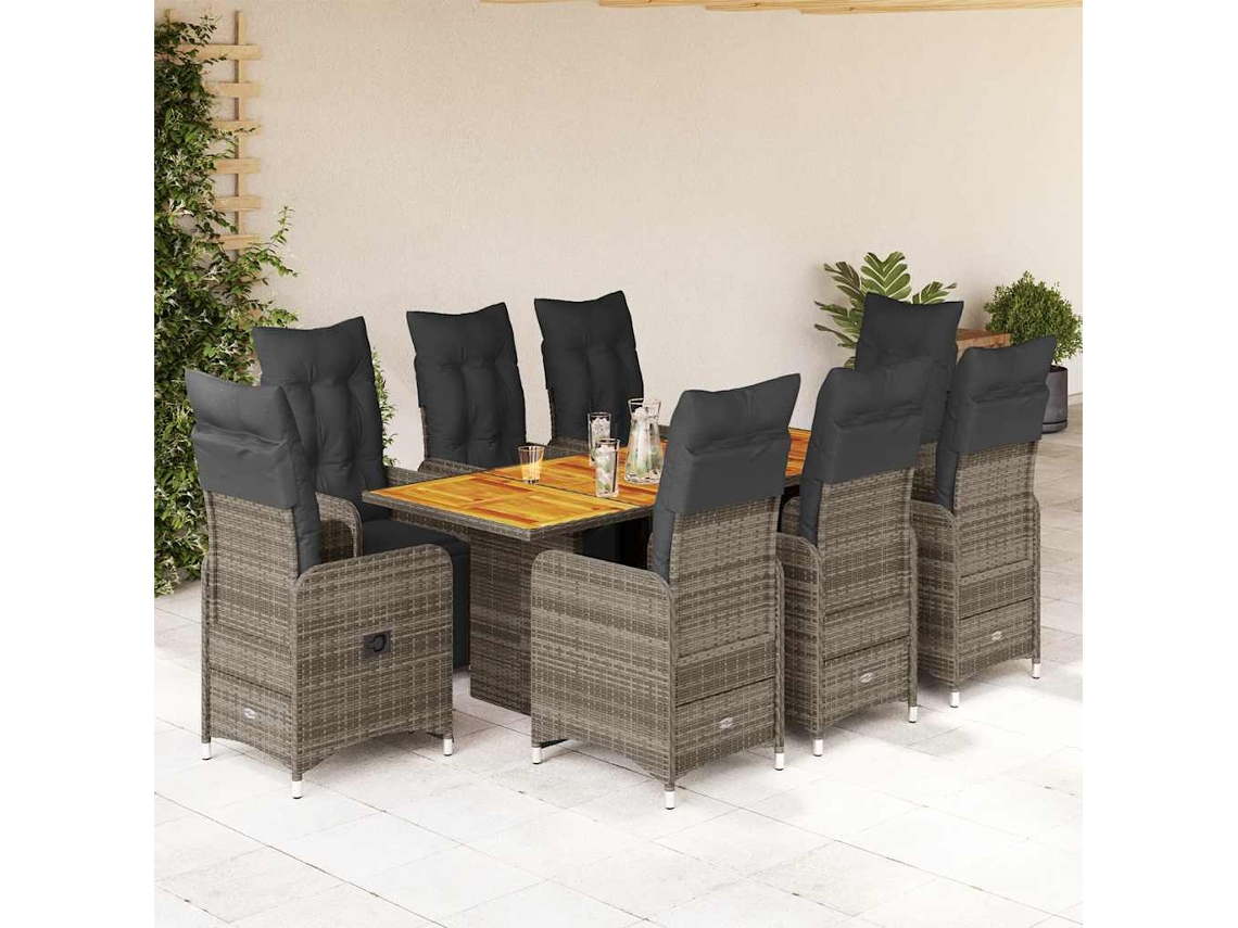 Vidaxl 9 Pcs Conjunto Bistrô De Jardim C/ Almofadões Vime Pe Cinzento