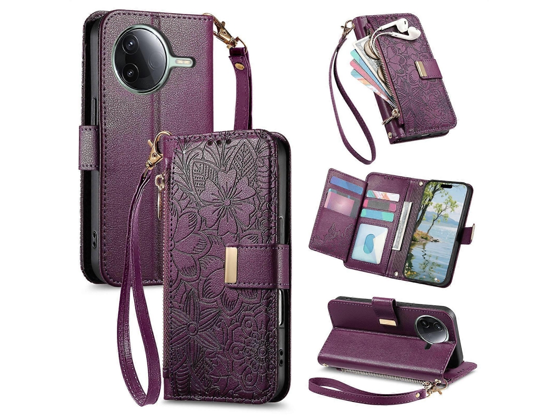 Capa Carteira De Couro Com Zíper, Estampa De Flores E Folhas, Com Alça, Para Redmi K80 Pro / Poco F7 Ultra