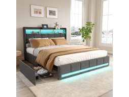 Cama Estofada 160x200cm com 4 Gavetas, Led, USB, Linho Cinza, para Jovens e Adultos BURSDANY
