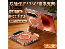 Capa Para Celular (laranja Huawei Puraxmax) Com Suporte Giratório E Ímã De Eixo Duplo Em Couro Genuíno.