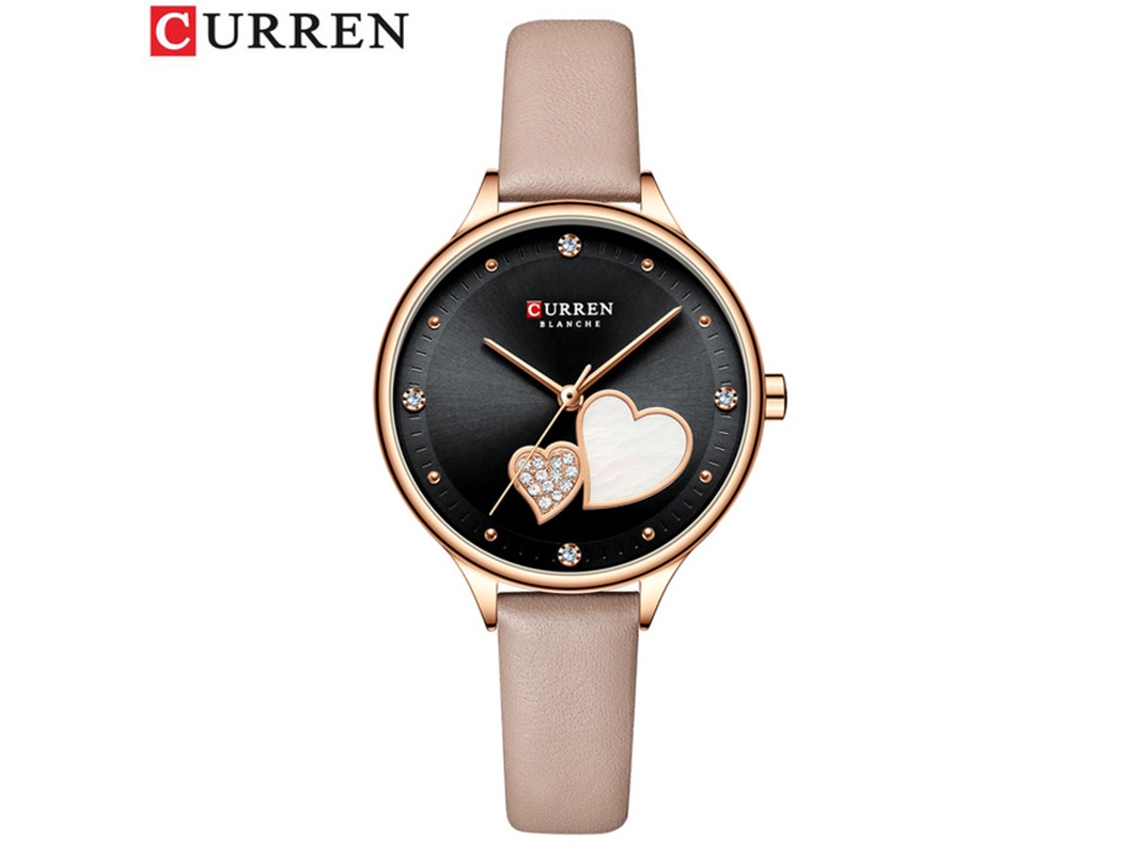 Relógio De Quartzo À Prova D'água (cáqui) Com Pulseira De Couro, Strass Em Formato De Coração, Modelo Feminino