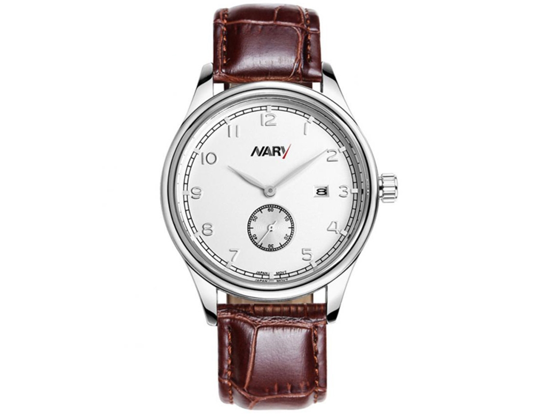 Reloj De Pulsera Para Hombre De Cuero Nary, Caja Plata, Esfera Blanca, Analógico De Quartzo Redondo