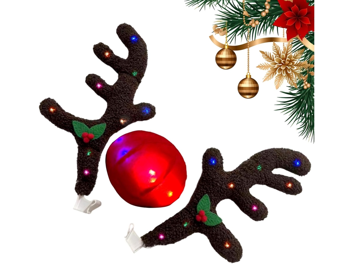Chifres de Rena com Led para Carro e Nariz - Decoração de Natal com Cauda Automotivo SFUSHOS