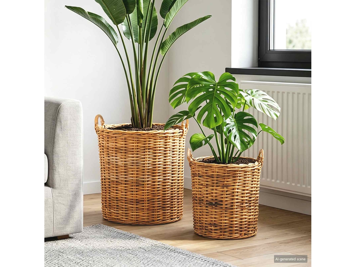 Vidaxl Cesta De Plantas 2 Unid. Marrom Natural Rattan Kubu