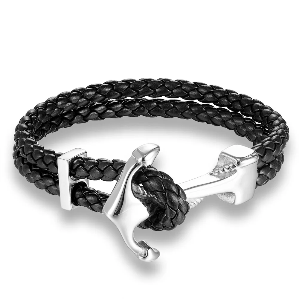 Pulseira Masculina New Hope Em Couro Genuíno Com Pingente De Âncora Em Aço Inoxidável (prateada E Preta, 21 Cm).