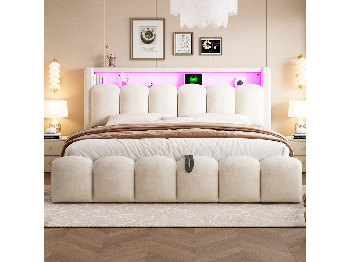 Cama Casal 180x200cm veludo hidráulica com led, usb c, baú na cabeceira, capacidade 300kg, sem colchão, bege KOMHTOM