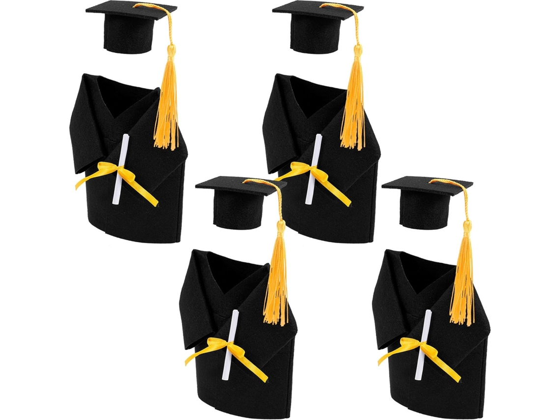 Pequeno Chapéu de Formatura em Tecido Preto, Conjunto 4 Rolhas para Garrafas, Capas Decorativas CHABERLU