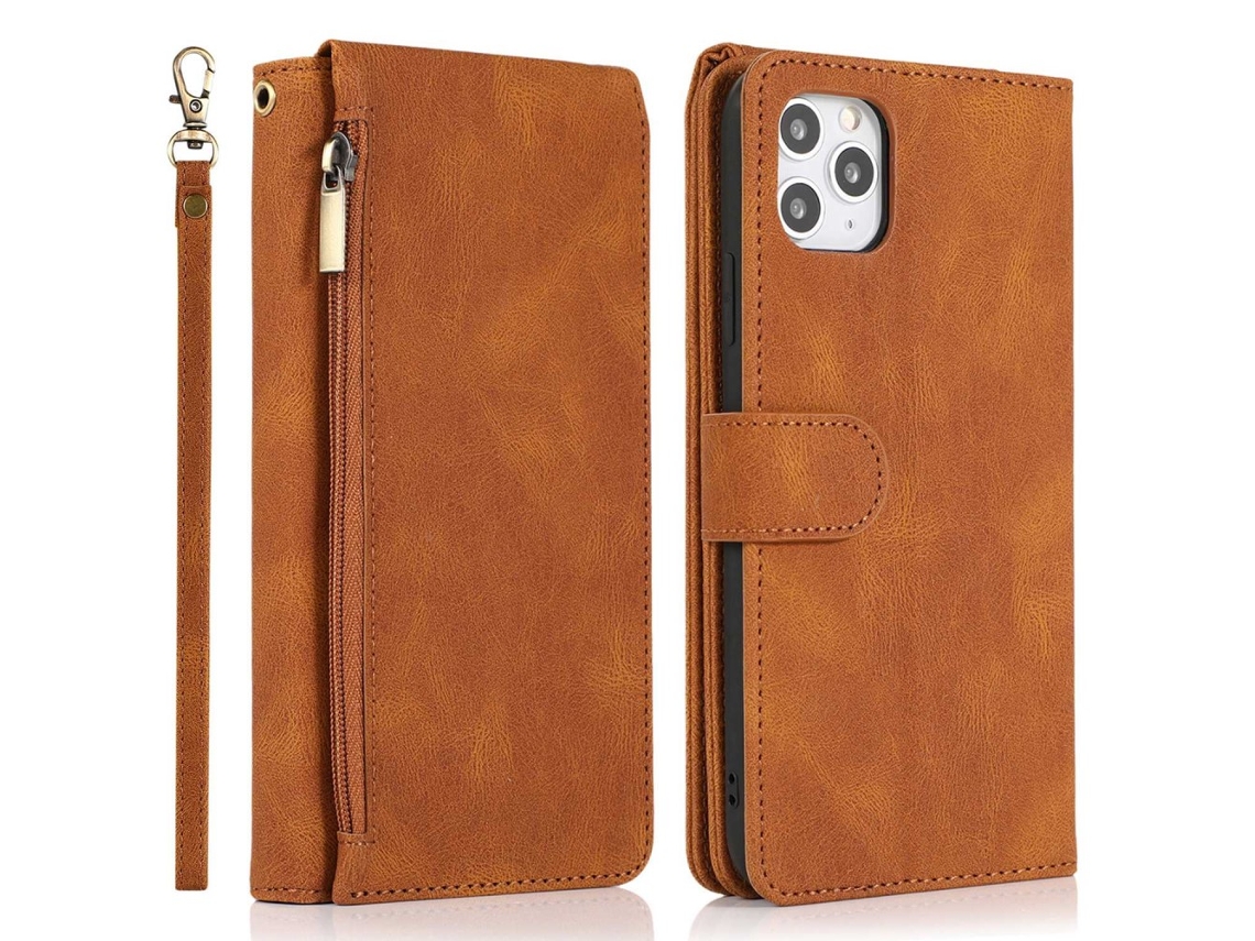 Capa Pega Para Iphone 14 Pro Pele Sintética Com Porta-cartões Castanho
