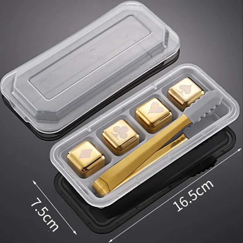 Cubos de Gelo Reutilizáveis de Aço Inoxidável, Congelamento Rápido, Metal de Qualidade Alimentar MDUG (ouro, 4pcs, com Grampos)