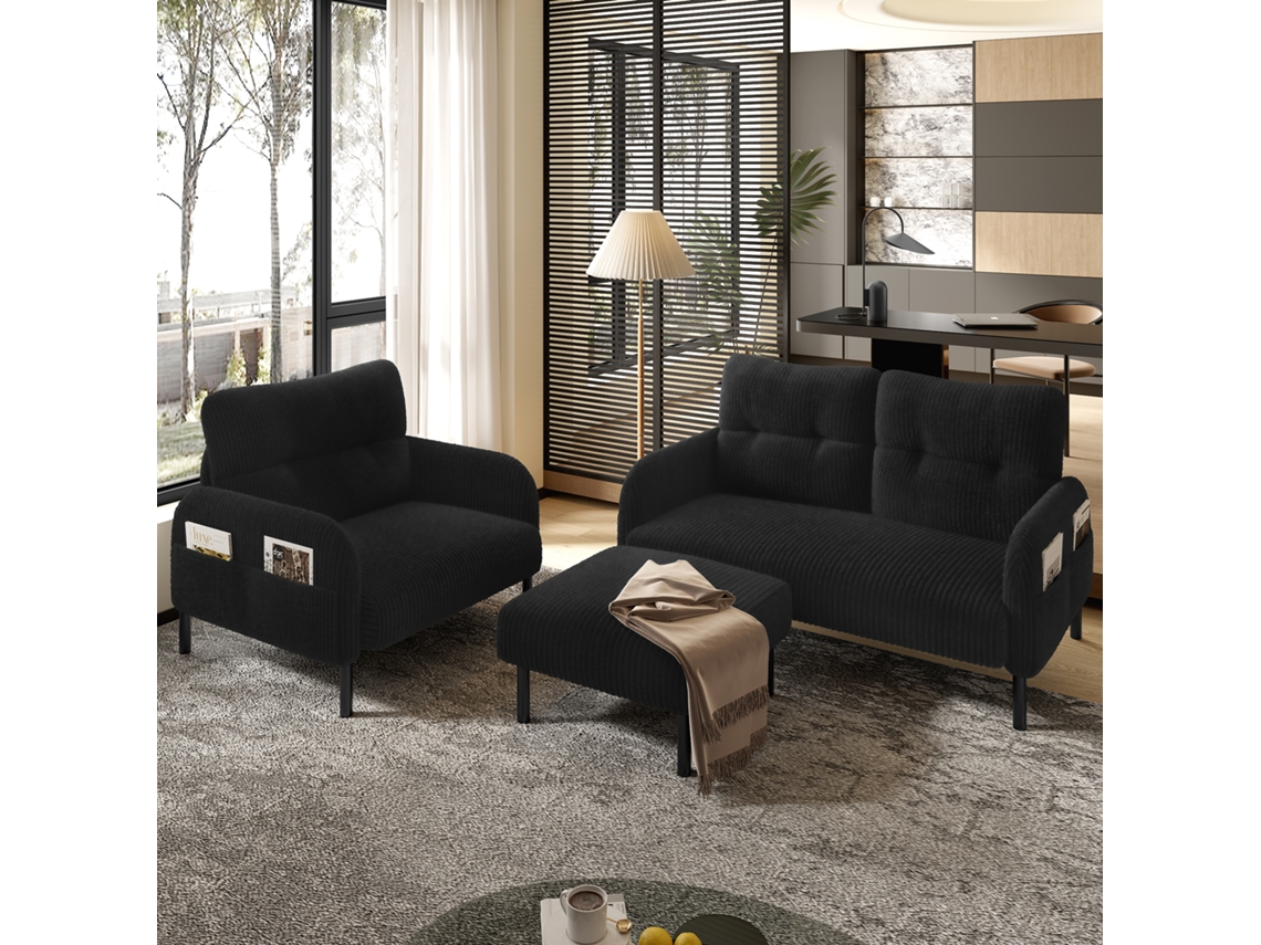 Conjunto De 3 Peças Poltrona, Pufe, Sofá De 2 Lugares Com Bolso Lateral, Estrutura Em Aço E Encosto Extra Flexível Preto Estilo