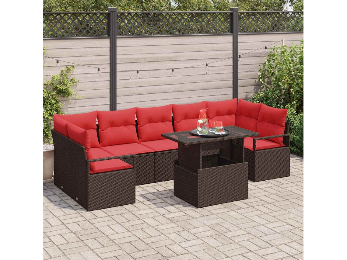 Vidaxl Conjunto De Sofá De Jardim 8 Pcs Marrom E Vermelho Vime Pe