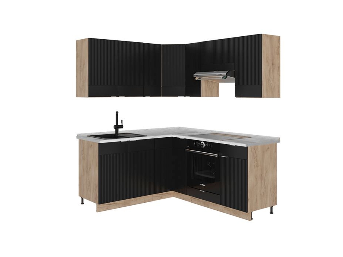 Cozinha Em Ângulo Fame-line, 160x190cm, Pt Mármore, Preto Listrado/carvalho Dourado, Carvalho De Força Dourado, Vicco