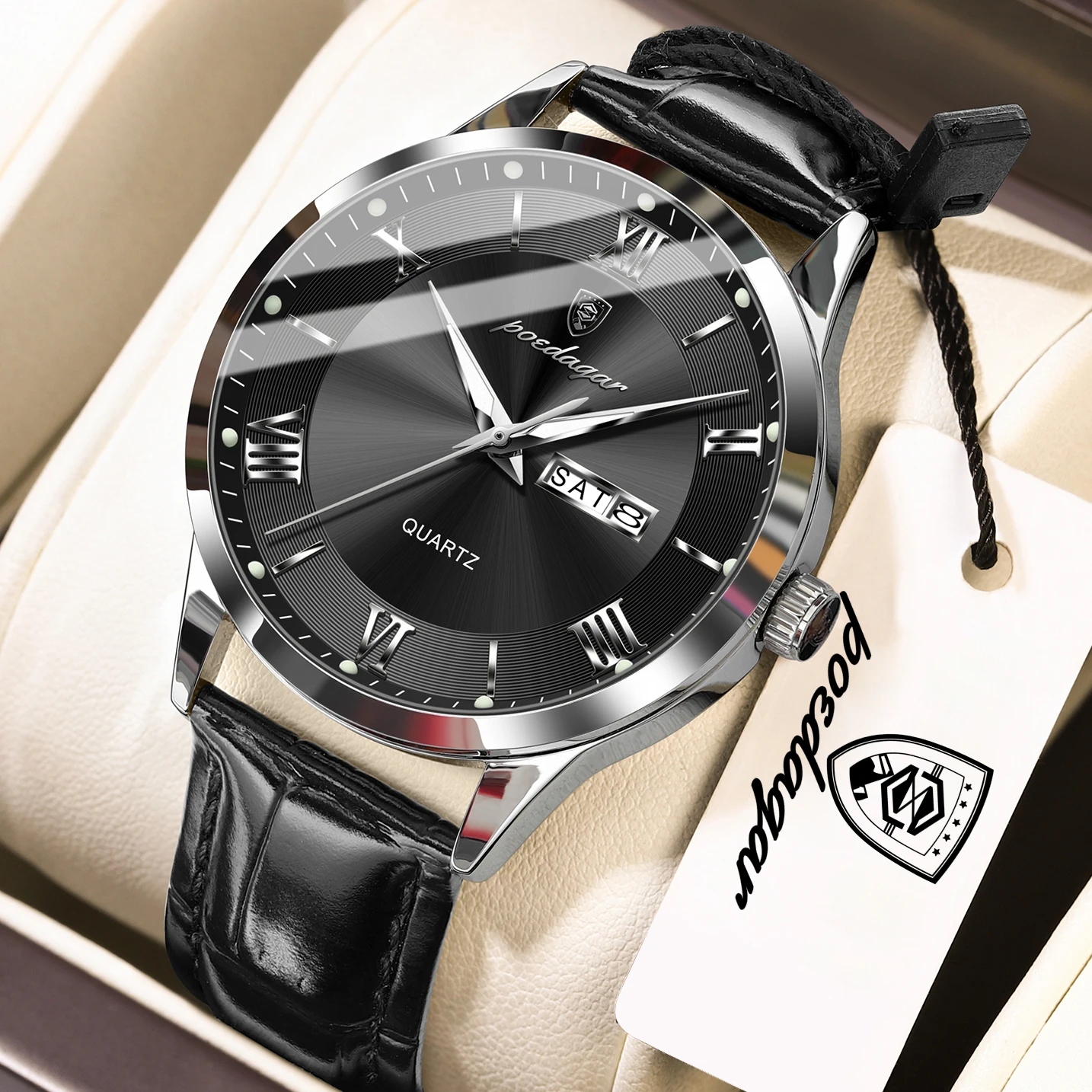 Relógio masculino elegante com função de pulso, feito de quartzo, com exibição de dados e dia da semana (roxo e preto), de alta qualidade e ideal para negócios.