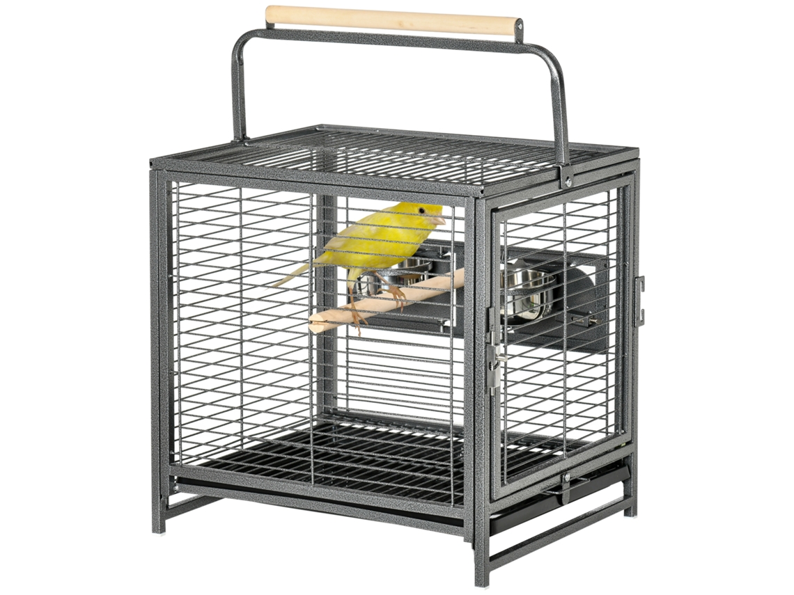 Gaiola Para Pássaros Portátil Com 2 Poleiros De Madeira Comedouros De Aço Inoxidável E Bandeja Amovível 48x38x47,8 Cm Preto
