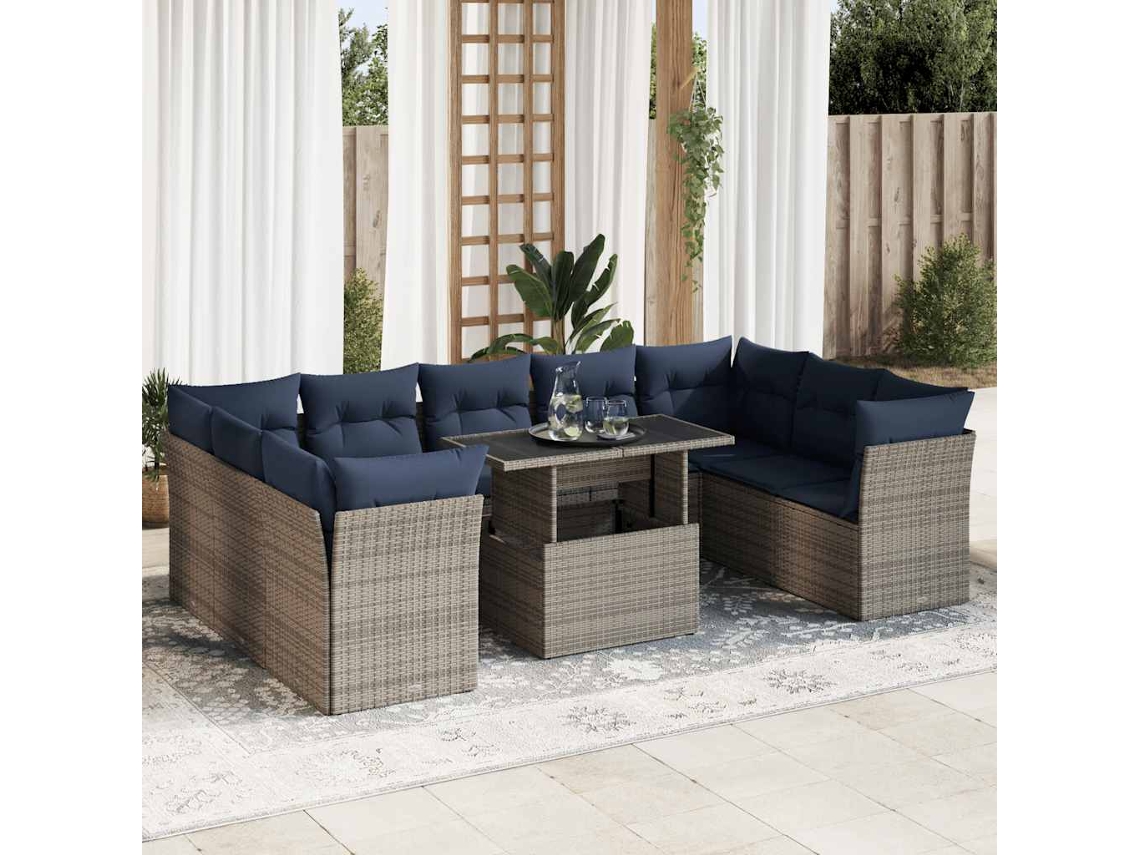 Vidaxl 10 Pcs Conjunto Sofás Jardim Almofadões Vime Pe/acácia Cinzento