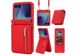 Capa De Couro Com Zíper, Compartimento Para Cartão E Alça Transversal Para Samsung Galaxy Z Flip7 5g