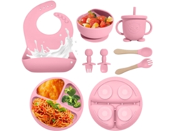 Conjunto de Alimentação para Bebê em Silicone 8 Peças,prato Dividido com Ventosa, Tigela, Babador, Colher, Garfo Rosa PANOONA