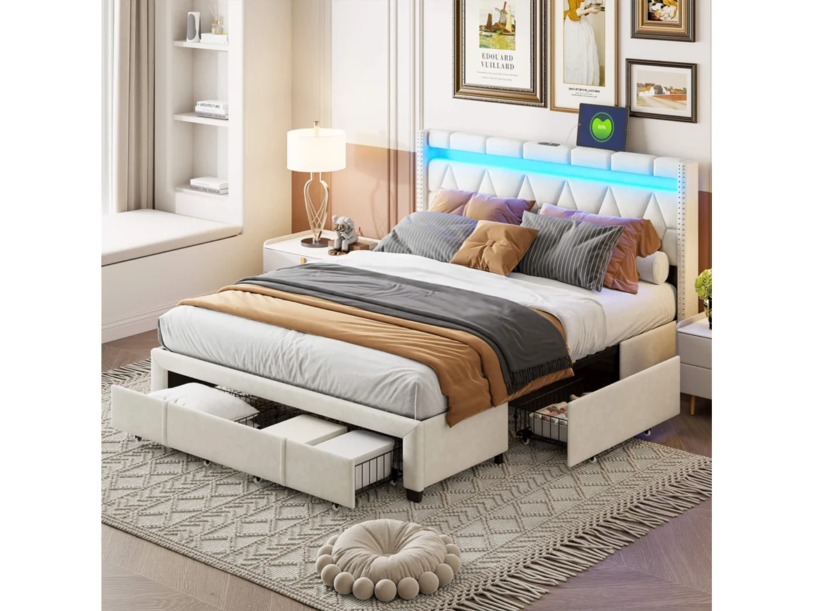 Cama De Casal Estofada 160x200 Com Cabeceira Led E Entrada Usb, Cama Com Espaço De Arrumação, Cama Funcional.