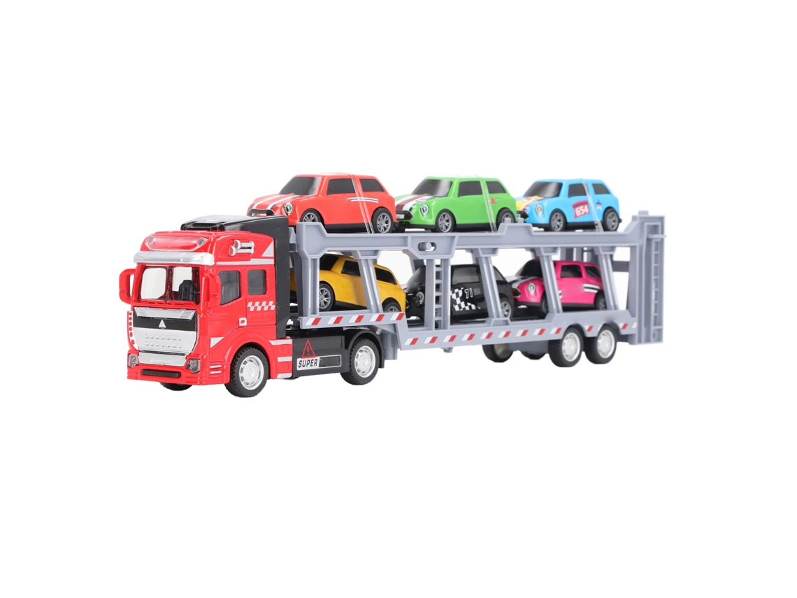 Primerox caminhão Transportador de Carros com 6 Carros Pequenos Pull Back para Crianças Vermelho