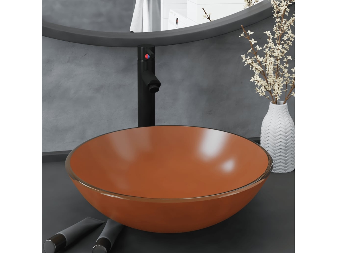 Vidaxl Lavatório Torneira Válvula Click-clack Vidro Temperado Castanho