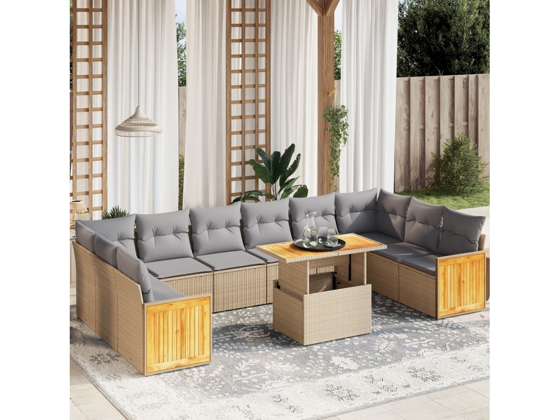 Vidaxl 11 Pcs Conjunto Sofás De Jardim C/ Almofadões Vime Pe Bege