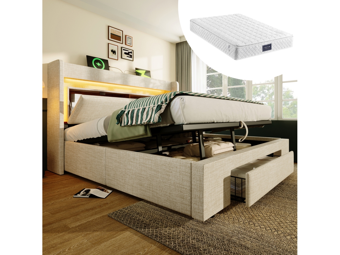 Cama 140x200cm Com Armazenamento Hidráulico, Led, Usb, Usb-c E Colchão Bege