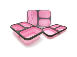 Lancheira Bento dobrável de 1100ml com 3 compartimentos, livre de BPA, com garfo e tampa à prova de derramamento.