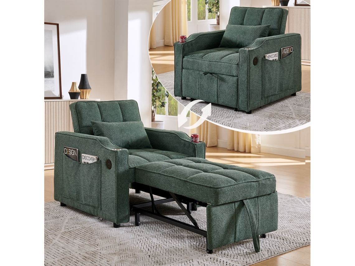 Poltrona-cama 3 Em 1 Verde Com Usb-c, Porta-copos Em Aço E Encosto Ajustável