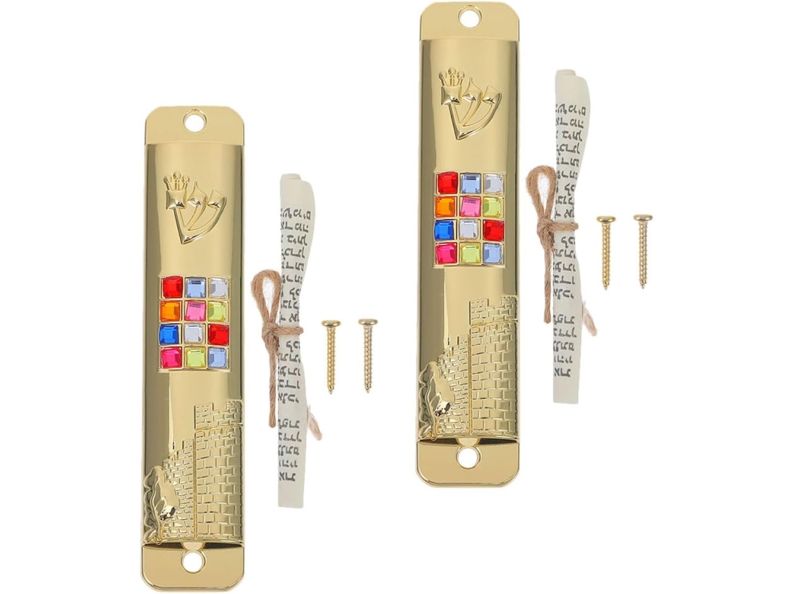 Conjunto 2 Mezuzás Decorativas Metal Pergaminho Kosher Decorações Judaicas Artesanais Molduras Portas Internas GOKOCO