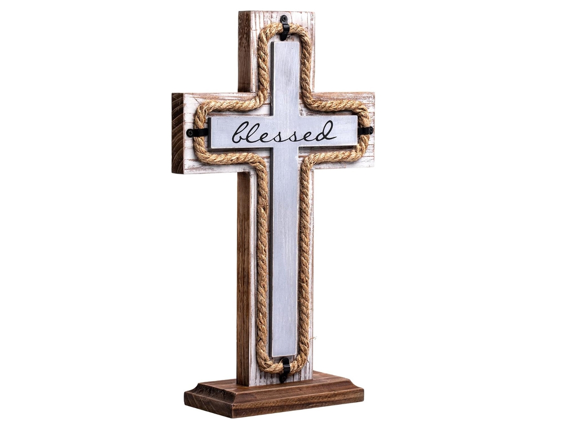 Cruz De Madeira Com Base Removível, Cruz Religiosa Espiritual Para Decoração Da Casa Da Igreja, Exibição De Fé Rústica Com Pendor De Metal Para Uso Em