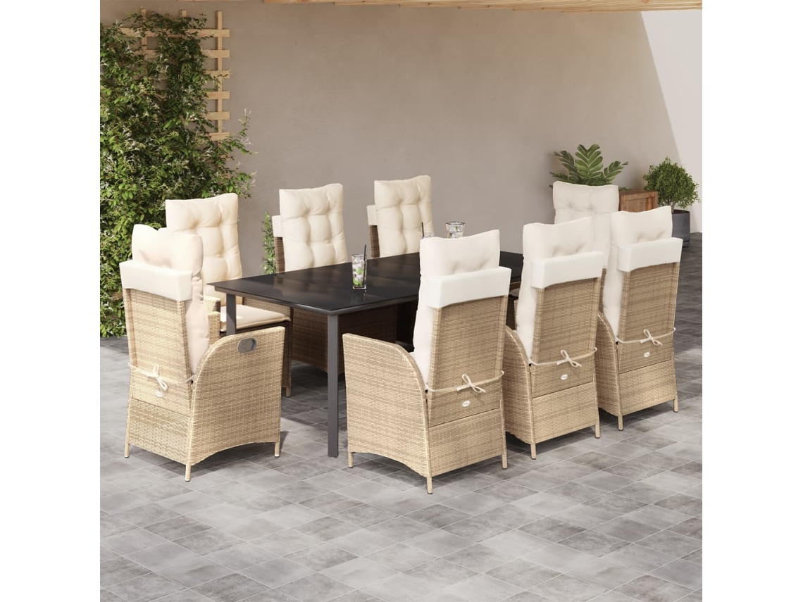 Conjunto 9 Peças Jantar P/ Jardim Com Almofadões Vime Pe Bege Dkd Home Decor