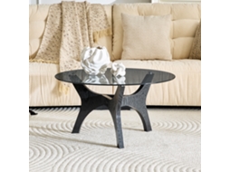 Mesa Centro Redonda 80cm Tampa Vidro Estrutura Madeira Preta Resistente Calor Arranhões Sala Estar Escritório Lounge