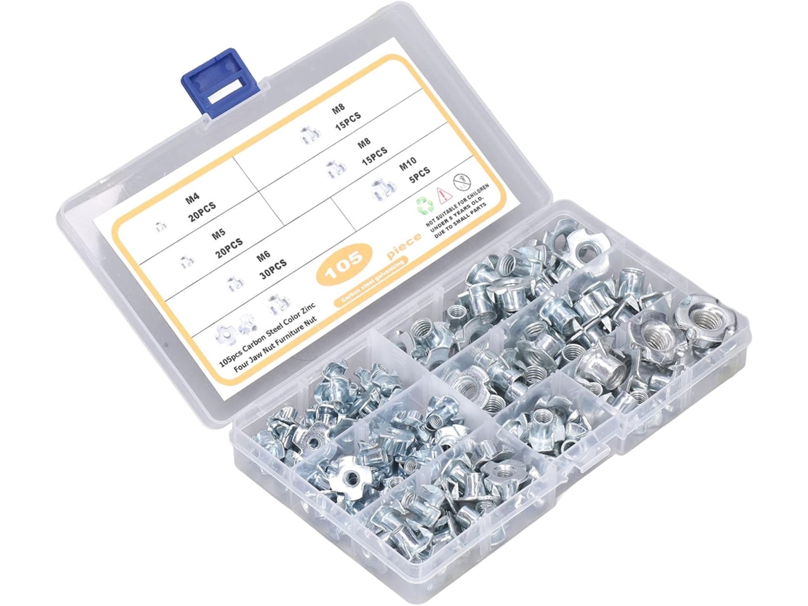 Kit De Porcas T Sortidas, Aço Carbono Galvanizado, 105 Peças, Insertos