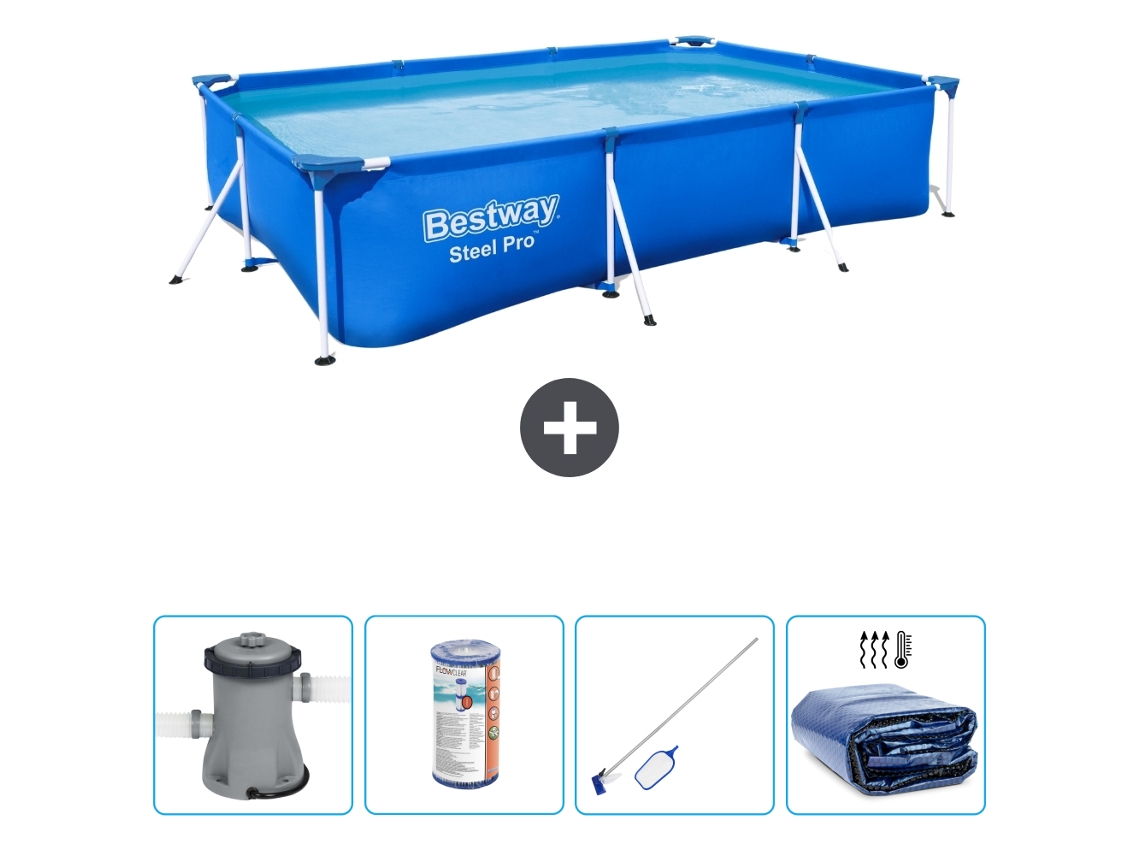 Piscina Retangular de Aço Pro BESTWAY 300 X 201 X 66 Cm Azul Inclui Bomba Filtro Kit de Limpeza Vela Solar