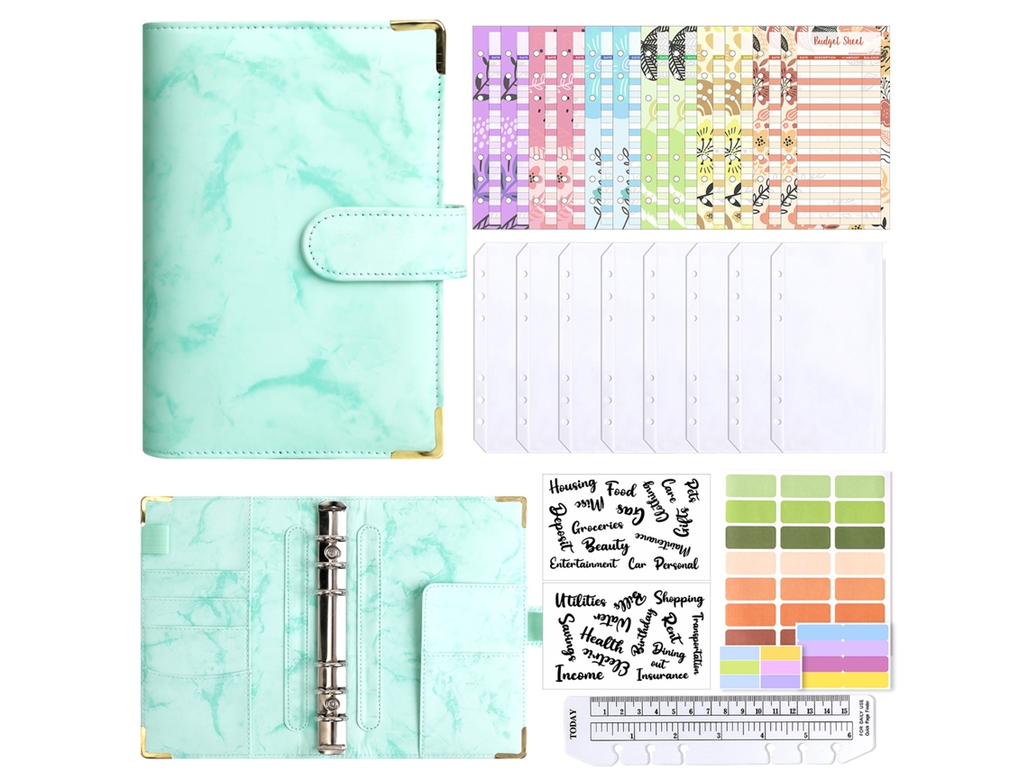 A6 Marble Pattern Cash Budget Planner Notebook With 8-zipper Pockets, Green, New A6 Cash Budget Cards 12-sheets, 2-label