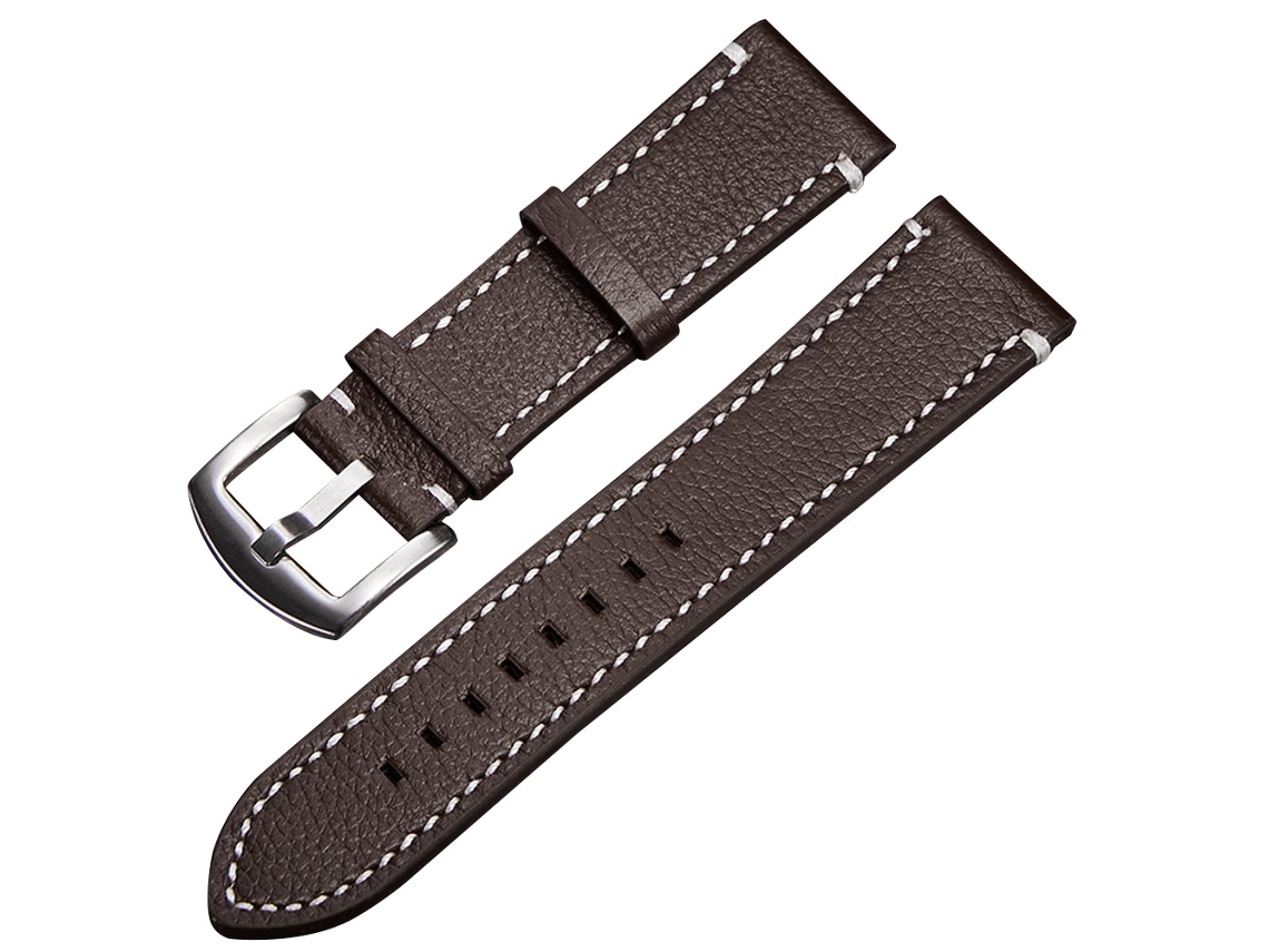 Pulseira dupla de couro para relógio com fivela de aço inoxidável marrom escuro.