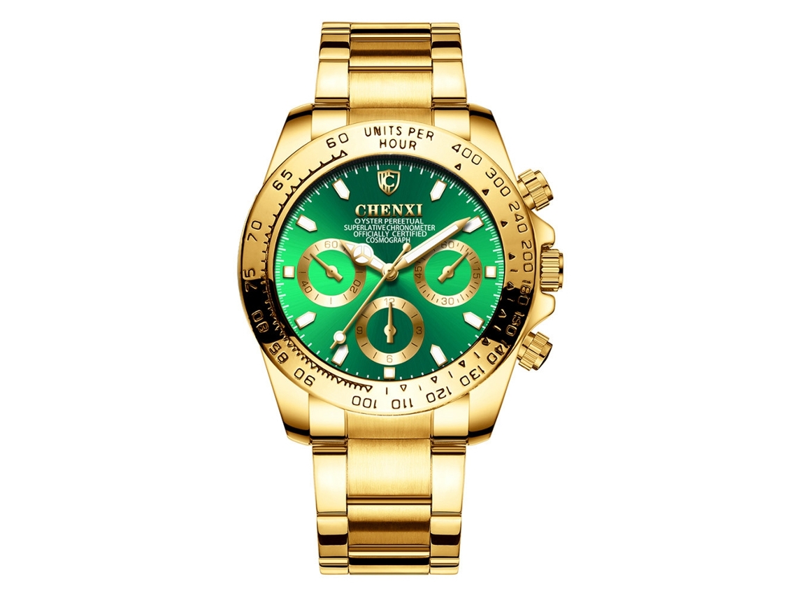Relógio de pulso masculino elegante, à prova d'água, com revestimento em ouro (mostrador verde)