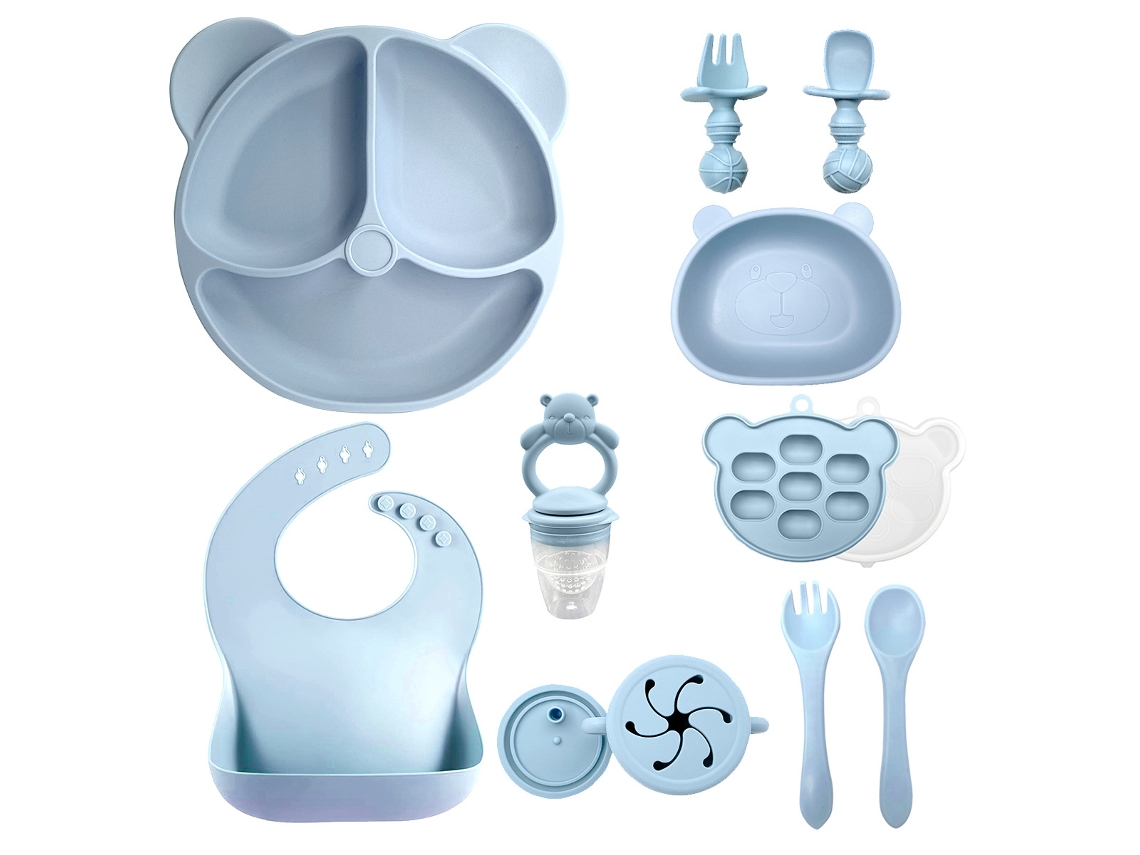 Conjunto de Talheres Bebé EIFSON 6+ Meses Antiderrapante Prato Tigela Copo Babador (azul)