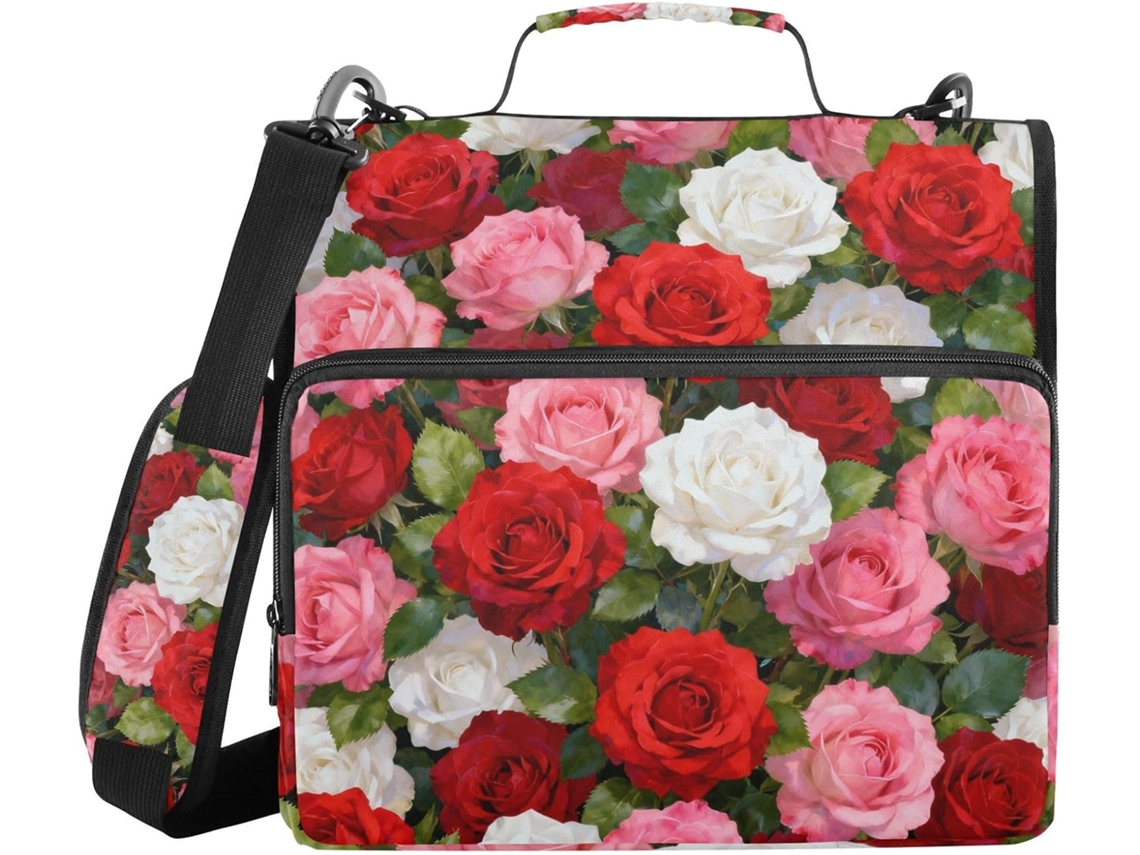 Pasta De 3 Argolas 1, 5 Polegadas Com Estampa Floral Rosa E Branca, Bolsos Extras, Alça De Ombro E Mão, À Prova D Água