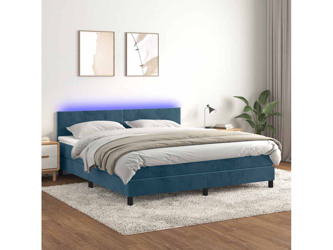Vidaxl Cama Box Spring C/ Colchão/led 160x200 Cm Veludo Azul-escuro