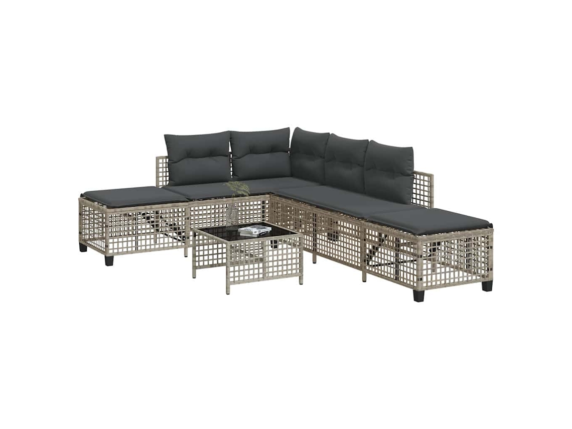 Vidaxl 3 Pcs Conj. Sofás De Canto C/ Almofadões Vime Pe Cinza-claro