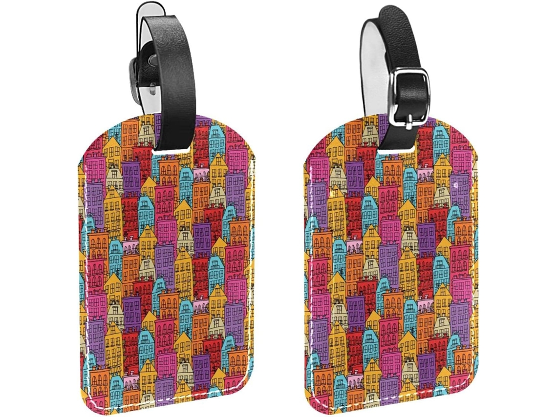 Conjunto De 2 Etiquetas Viagem E Bagagem Masculinas Amarelo, Laranja, Vermelho, Roxo, Azul Estampa De Prédios Material